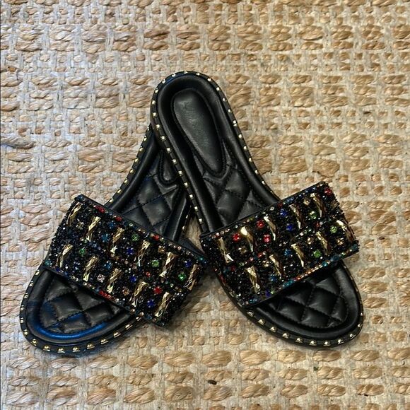 Shoes - Black and Gold Studded Women's Slides